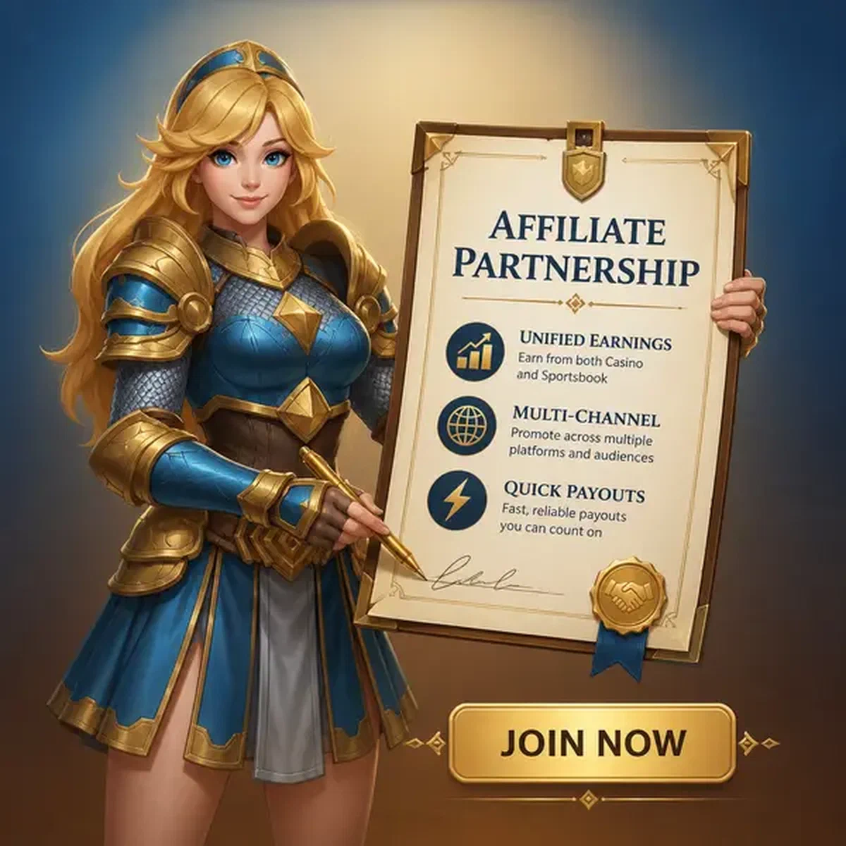 Schildmaid präsentiert Affiliate-Partnerschaftsvertrag an gepanzertem Schreibtisch mit goldenem Stift