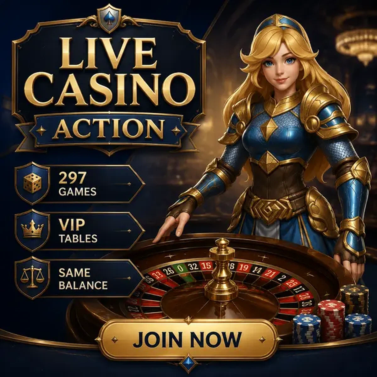 Eine Schildmaid-Dealerin präsentiert Live-Casino-Roulette bei Bet On Red mit glänzender goldener Rüstung