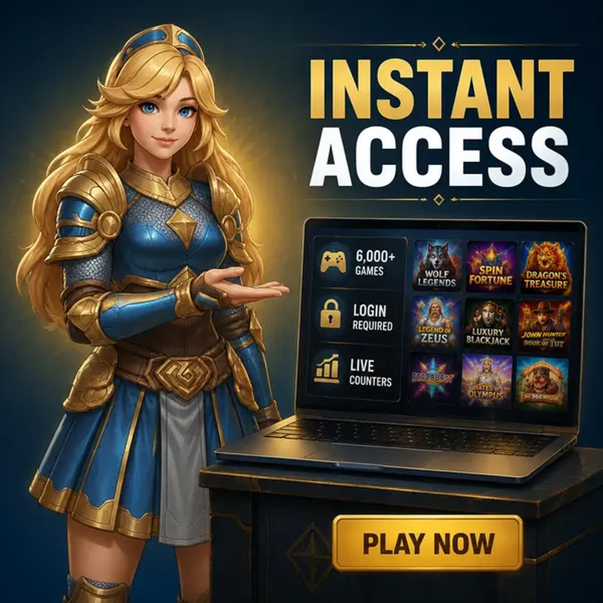 Kriegerin präsentiert Laptop mit sofortigem Zugriff auf über 6.000 Spiele am Login-Portal